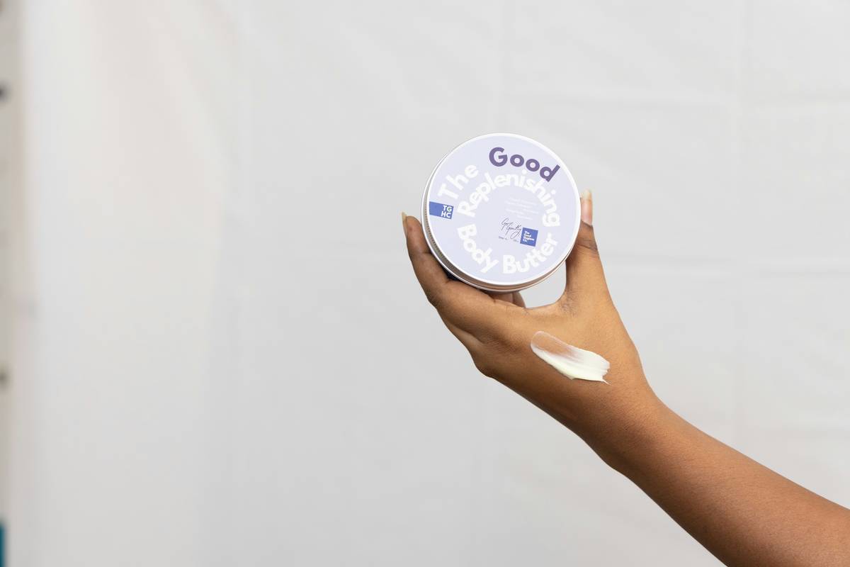 b tight cellulite cream applied to thigh area showing before texture comparison